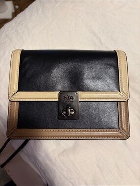 Coach Black with Tan & Cream Trim Leather Turnlock Crossbody